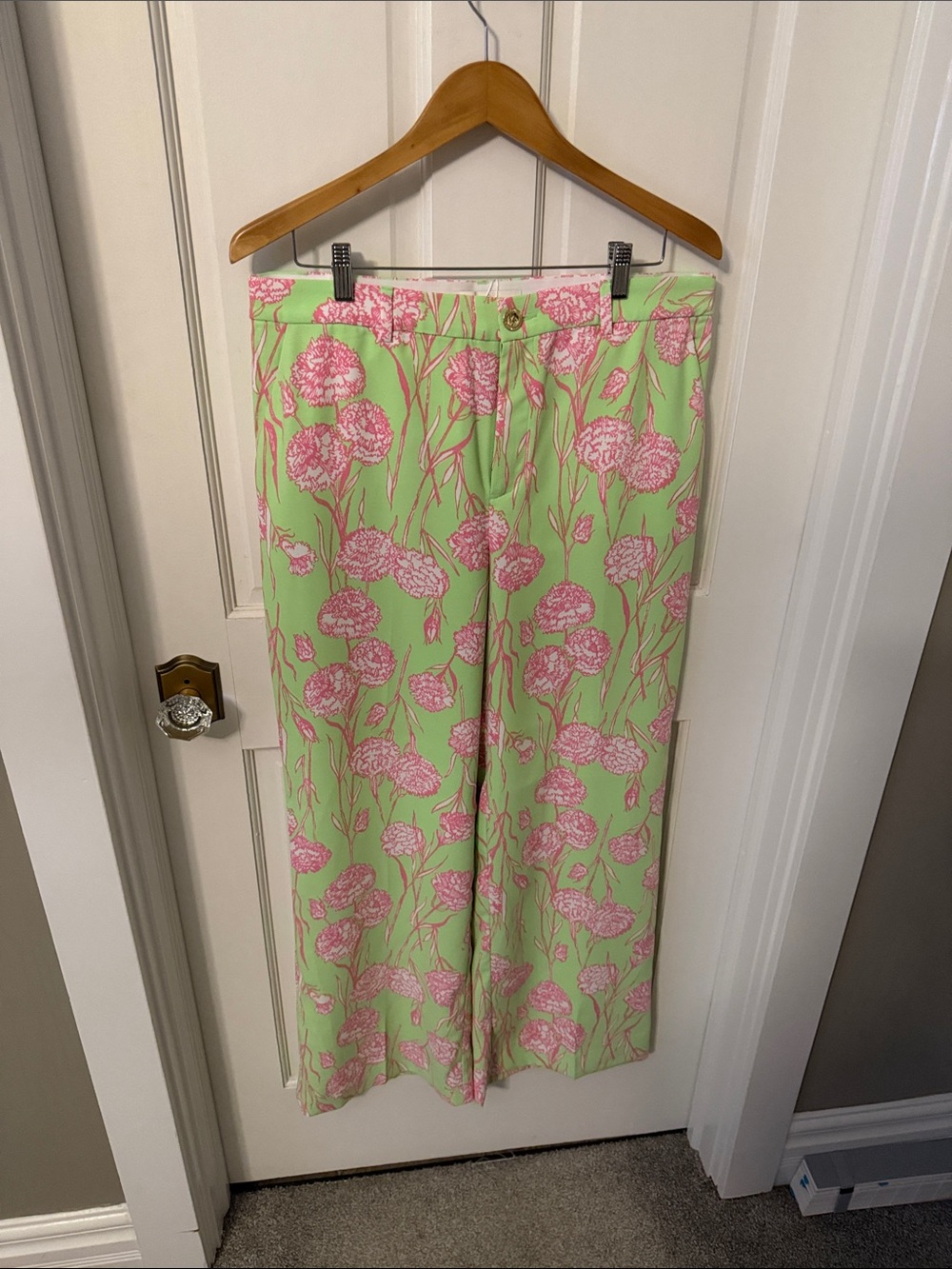 Lilly Pulitzer Pink Floral Wide-Leg Pants on Lime Green